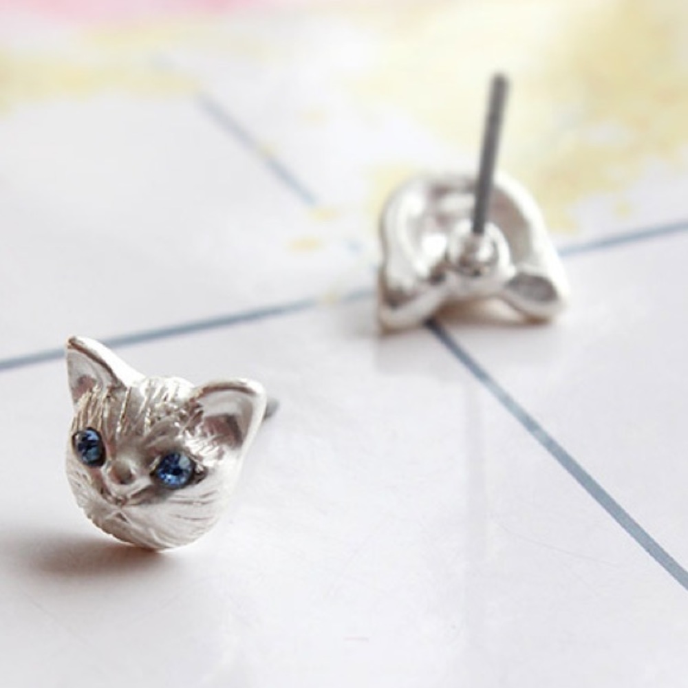 Silver Cat Stud Earrings blue Crystal gold plated
